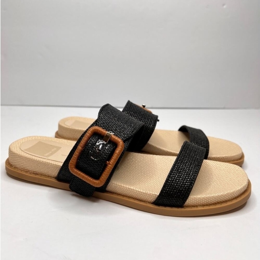 🖤🔹️Dolce Vita🔹️ Genzel Slide Sandal Black Raffia Sz 8.5 Brown Buckle